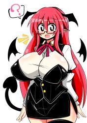 Rule 34 | 1girl, bat wings, black eyes, blush, breasts, curvy, demon girl, demon tail, demon wings, dress, dress shirt, fang, glasses, head wings, highres, huge breasts, koakuma, long hair, looking at viewer, open mouth, pencil skirt, red hair, rindou (p41neko), shirt, skin fang, skirt, skirt set, smile, solo, tail, thick thighs, thighs, touhou, vest, wide hips, wings