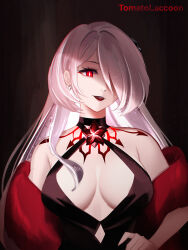 Rule 34 | 1girl, :d, acheron (honkai: star rail), artist name, bare shoulders, black choker, breasts, choker, commentary, criss-cross halter, earrings, halterneck, hand on own hip, highres, honkai: star rail, honkai (series), jewelry, long hair, looking at viewer, medium breasts, official alternate color, open mouth, red eyes, smile, solo, tomatolacoon, upper body, very long hair, white hair