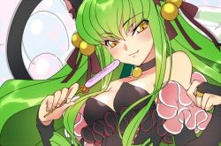 Rule 34 | 1girl, bell, breasts, bridal gauntlets, brown ribbon, c.c., cat tail, choker, cleavage, code geass, collarbone, creayus, green hair, hair bobbles, hair ornament, hair ribbon, holding, long hair, looking at viewer, medium breasts, ribbon, solo, strapless, tail, yellow eyes