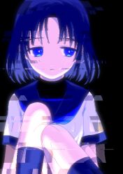 Rule 34 | 1girl, absurdres, arms at sides, black background, black shirt, blue eyes, blue hair, blue sailor collar, blue socks, blush, bright pupils, commentary request, curtained hair, feet out of frame, glitch, highres, ily., kneehighs, knees up, light blush, looking to the side, medium hair, narume, official art, parted lips, pixel art, sailor collar, school uniform, serafuku, shirt, short sleeves, sideways glance, simple background, sitting, socks, solo, turtleneck, turtleneck shirt, underlighting, undershirt, white pupils, white shirt, yurisawa airi