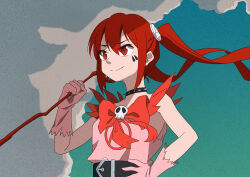 Rule 34 | 1girl, anarchy (magical destroyers), belt, blue sky, bow, choker, cloud, facial mark, gloves, hair ornament, hand on own hip, highres, holding, holding wand, mahou shoujo magical destroyers, pink gloves, red bow, red eyes, red hair, shimizu keitaro, skull ornament, sky, sleeveless, solo, spiked choker, spikes, twintails, upper body, wand