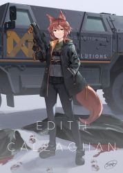 Rule 34 | 1girl, absurdres, animal ears, assault rifle, bullpup, character name, dreadtie, edith connie callaghan, fox ears, fox tail, gloves, green eyes, gun, highres, humvee, looking at viewer, military, motor vehicle, original, red hair, rifle, short hair, smile, solo, tail, weapon
