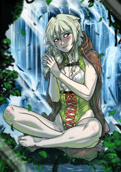 Rule 34 | 1girl, barefoot, blush, boots, unworn boots, breasts, cloak, clothing cutout, elf, forest, ganassa, goblin slayer!, green eyes, green hair, high elf archer (goblin slayer!), highres, nature, navel, navel cutout, pointy ears, small breasts, smile, solo, sweat, water, waterfall
