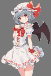 Rule 34 | 1girl, bat wings, blouse, blue hair, center frills, closed mouth, eyebrows, fang, fang out, frills, grey background, hat, hat ribbon, head tilt, highres, looking at viewer, miniskirt, mob cap, pointy ears, red eyes, red ribbon, remilia scarlet, ribbon, shirt, shone, short hair, short sleeves, simple background, sketch, skirt, skirt set, smile, solo, standing, touhou, white shirt, white skirt, wings, wrist cuffs