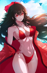 Rule 34 | 1girl, 2023, ahoge, artist logo, artist name, bikini, black hair, breasts, commentary, cowboy shot, crossed bangs, english commentary, floating hair, glowing, glowing eyes, groin, hair between eyes, halterneck, highres, japanese clothes, kimono, large breasts, looking at viewer, navel, open clothes, open kimono, parted lips, raven branwen, red bikini, red eyes, red kimono, ridd-li, rwby, side-tie bikini bottom, smile, solo, stomach, swimsuit