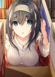 Rule 34 | 1girl, absurdres, black hair, blue eyes, blush, book, bookshelf, breasts, collarbone, commentary request, grey hairband, hairband, highres, holding, holding book, idolmaster, idolmaster cinderella girls, jewelry, large breasts, long hair, looking at viewer, megurumiru, necklace, plaid shawl, ribbed sweater, sagisawa fumika, shawl, solo, sweater, upper body