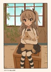 Rule 34 | 1girl, absurdres, bandages, black border, black bow, black bowtie, black pantyhose, black skirt, blue sky, blush, boko (girls und panzer), border, bow, bowtie, box, brown eyes, casual, collared shirt, commentary, dated, day, girls und panzer, highres, holding, holding stuffed toy, indoors, layered skirt, light brown hair, long hair, long sleeves, looking at viewer, medium skirt, one-hour drawing challenge, one side up, open mouth, pantyhose, plant, shimada arisu, shirt, sitting, skirt, sky, solo, striped clothes, striped pantyhose, stuffed animal, stuffed toy, suspender skirt, suspenders, teddy bear, twitter username, vines, white shirt, window, yuuki koutarou