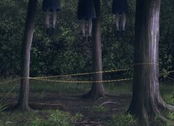 Rule 34 | 3girls, absurdres, black footwear, blue skirt, caution tape, commentary, forest, fracoco, highres, implied suicide, loafers, multiple girls, nature, original, outdoors, pleated skirt, school uniform, shoes, signature, skirt, socks, tree, white socks