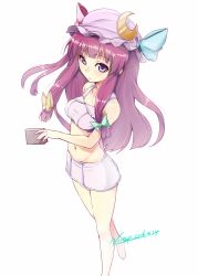 Rule 34 | 1girl, artist name, barefoot, blunt bangs, book, bow, crescent, crescent hair ornament, dated, green bow, hair bow, hair ornament, hat, long hair, looking at viewer, mob cap, navel, nirap, patchouli knowledge, pencil skirt, purple eyes, purple hair, sidelocks, simple background, skirt, solo, swimsuit, touhou, white background, yellow bow