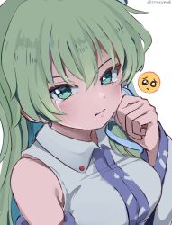 Rule 34 | 1girl, closed mouth, collared shirt, crying, crying with eyes open, detached sleeves, emoji, furrowed brow, green eyes, green hair, hair ornament, highres, kochiya sanae, light blush, long hair, pleading face emoji, ramudia (lamyun), shirt, simple background, sleeveless, sleeveless shirt, snake hair ornament, tears, touhou, upper body, white background, white shirt, white sleeves