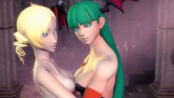 Rule 34 | 10s, 2girls, 3d, amateurthrowaway, animated, animated gif, atlus, bare shoulders, black leotard, blonde hair, blue eyes, blunt bangs, breasts, bridal gauntlets, capcom, catherine, catherine (game), cleavage, closed mouth, competition, contest, crossover, demon girl, drill hair, eye contact, female focus, green hair, head wings, hypno eyes, hypnosis, imminent kiss, indoors, large breasts, leaning, leaning back, leaning forward, leotard, lips, long hair, looking at another, looping animation, medium breasts, mind control, morrigan aensland, multicolored eyes, multiple girls, neck, open mouth, purple eyes, ringed eyes, shirt, short hair, smile, source filmmaker (medium), standing, strapless, swept bangs, twintails, upper body, vampire (game), very long hair, white shirt, wings, yellow eyes, yuri