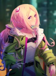 Rule 34 | 1girl, absurdres, aki rosenthal, aki rosenthal (gaming casual), blonde hair, blue eyes, closed mouth, dos (nisen22), forehead, green jacket, green nails, highres, hololive, jacket, long sleeves, looking at viewer, multicolored nails, nail polish, open clothes, open jacket, pink nails, puffy long sleeves, puffy sleeves, twintails, virtual youtuber