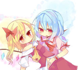 Rule 34 | 2girls, ascot, bad id, bad pixiv id, blonde hair, blue hair, blush, brooch, fang, female focus, flandre scarlet, hair ribbon, hand on another&#039;s stomach, jewelry, multiple girls, no headwear, no headwear, off shoulder, open mouth, red eyes, remilia scarlet, ribbon, shirt, siblings, side ponytail, sisters, skirt, skirt set, touhou, wings, wrist ribbon, yatani row