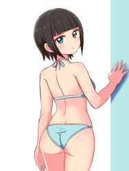 Rule 34 | 1girl, ass, back, bikini, black hair, blue bikini, blue eyes, blunt bangs, closed mouth, commentary, cougar (cougar1404), cowboy shot, from behind, halterneck, light frown, looking at viewer, looking back, original, short hair, solo, standing, swimsuit, wedgie