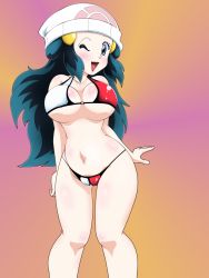 Rule 34 | 1girl, alternate color, bikini, breasts, creatures (company), dawn (pokemon), female focus, game freak, hat, large breasts, long hair, looking at viewer, lupus, nintendo, one eye closed, open mouth, pokemon, shiny skin, smile, solo, swimsuit, tongue