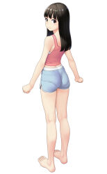 Rule 34 | 1girl, ass, barefoot, black eyes, black hair, blunt ends, closed mouth, commentary, dolphin shorts, from behind, full body, grey shorts, highres, long hair, looking at viewer, looking back, loungewear, maburu (lojyq1eur3e8bit), original, pantylines, pink tank top, short shorts, shorts, simple background, smile, solo, standing, straight hair, tank top, white background