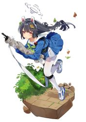 Rule 34 | 1girl, absurdres, animal ears, black hair, blue archive, blue dress, blue footwear, blue skirt, blush, bow, bowtie, brick floor, bulletproof vest, collarbone, crying, crying with eyes open, deitaku, dress, fake animal ears, green bow, green bowtie, gun, halo, highres, holding, holding gun, holding weapon, leaf, leaf on head, leg up, long hair, looking at viewer, miyu (blue archive), moss, pantyhose, parted lips, plant, pleated skirt, rabbit ears, red eyes, rifle, running, sailor collar, see-through, see-through legwear, shoes, simple background, skirt, skirt set, sneakers, solo, strap, tears, two-tone footwear, uniform, weapon, white background, white footwear, white pantyhose, white sailor collar, wind