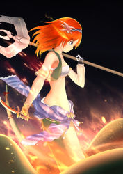 Rule 34 | 1girl, fire, knife, lamia, monster girl, naga (p&amp;d), polearm, puzzle &amp; dragons, red hair, sarashi, short hair, solo, spear, weapon