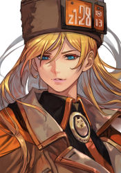 Rule 34 | 1girl, blonde hair, blue eyes, fur hat, guilty gear, guilty gear strive, hat, hungry clicker, lips, long hair, looking at viewer, millia rage, parted lips, pink lips, simple background, smile, solo, upper body, ushanka, white background