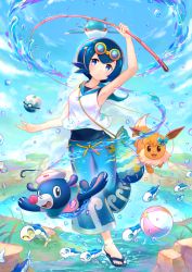Rule 34 | 1girl, aqua one-piece swimsuit, arm up, armpits, blue eyes, blue footwear, blue hair, blue pants, blue sailor collar, bubble, cloud, commentary request, creatures (company), day, dive ball, eevee, feet, fishing rod, flip-flops, game freak, gen 1 pokemon, gen 3 pokemon, gen 7 pokemon, goggles, goggles on head, grass, head tilt, holding, holding fishing rod, kutsunohito, kyogre, lana (pokemon), legendary pokemon, looking at viewer, nintendo, one-piece swimsuit, outdoors, pants, poke ball, pokemon, pokemon (anime), pokemon (creature), pokemon sm (anime), popplio, rock, sailor collar, sandals, school swimsuit, shirt, short hair, sky, smile, standing, standing on one leg, swimsuit, swimsuit under clothes, toes, water, white shirt, wishiwashi, wishiwashi (school), wishiwashi (solo)