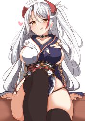 Rule 34 | 1girl, :p, absurdres, ahoge, arm support, azur lane, black thighhighs, breasts, choker, cross, hair between eyes, hair ornament, heart, highres, iron cross, large breasts, licking lips, long hair, looking at viewer, mole, mole on breast, moyoron, official alternate costume, prinz eugen (azur lane), prinz eugen (profusion of flowers) (azur lane), simple background, sitting, smile, solo, thighhighs, thighs, tongue, tongue out, two-tone dress, white background, white hair, wooden floor, yellow eyes