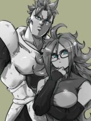Rule 34 | 1boy, 1girl, android 16, android 21, arms at sides, black gloves, blue eyes, breasts, checkered clothes, checkered dress, dragon ball, dragon ball fighterz, dress, earrings, elbow gloves, expressionless, eyelashes, glasses, gloves, grey background, greyscale, hand on own chin, height difference, hoop earrings, jewelry, kemachiku, large breasts, long hair, looking away, manly, mohawk, monochrome, simple background, spot color, standing