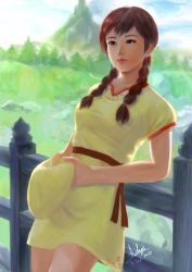 Rule 34 | 1girl, blue sky, braid, brown eyes, brown hair, chinese clothes, cloud, cloudy sky, day, dress, earrings, fence, hat, highres, holding, holding clothes, holding hat, jade (gemstone), jewelry, kohji, leaning back, leaning on object, ling shen hua, lips, looking away, miniskirt, mountain, mountainous horizon, nature, outdoors, painting (medium), red sash, sash, scenery, sega, shenmue, shenmue iii, signature, skirt, sky, solo, traditional media, tree, twin braids, unworn hat, unworn headwear, yellow dress