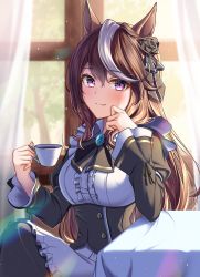 Rule 34 | 1girl, absurdres, alternate costume, animal ears, apron, bad id, bad pixiv id, blush, breasts, brown hair, crossed legs, cup, curtains, dress, enmaided, feet out of frame, fran 690, frilled dress, frilled sleeves, frills, head rest, highres, holding, holding cup, horse ears, horse girl, leaning on table, light particles, long hair, long sleeves, maid, medium breasts, multicolored hair, purple eyes, sitting, smile, solo, streaked hair, symboli rudolf (umamusume), table, teacup, tree, umamusume, white hair, window