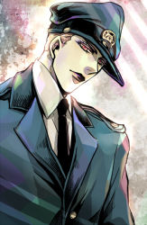 Rule 34 | 1boy, black lips, chabasu, hat, jojo no kimyou na bouken, leone abbacchio, lipstick, makeup, male focus, police, police hat, police uniform, red eyes, short hair, solo, uniform, aged down