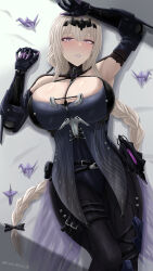 Rule 34 | 1girl, archstreal, bare shoulders, belt, bianca: stigmata (punishing: gray raven), bianca (punishing: gray raven), black gloves, black leotard, black pantyhose, blush, braid, braided ponytail, breasts, cleavage, elbow gloves, gauntlets, gloves, grey hair, hair ornament, highres, large breasts, leotard, long hair, looking at viewer, mole, mole under eye, origami, pantyhose, paper crane, punishing: gray raven, purple eyes, sidelocks, solo, thigh strap, thighs
