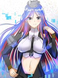 Rule 34 | 1girl, absurdres, black necktie, blue hair, breasts, headgear, highres, jacket, kantai collection, large breasts, long hair, looking at viewer, midriff, multicolored hair, necktie, open clothes, open jacket, parted bangs, red hair, roko roko (doradorazz), sleeveless, smile, solo, south dakota (kancolle), white hair