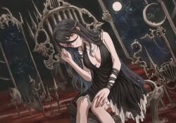 Rule 34 | 1girl, black dress, black headband, blood, breasts, brown eyes, chair, choppy bangs, clenched hand, cropped legs, dress, gold can, halberd, headband, highres, jewelry, light blush, light smile, long hair, looking at viewer, medium breasts, mirror, moon, necklace, night, night sky, original, polearm, ribbon, sitting, sky, spear, star (sky), weapon, wrist ribbon