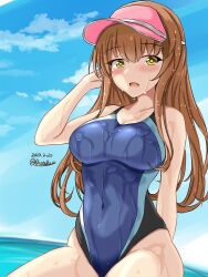 Rule 34 | beach, black one-piece swimsuit, blue one-piece swimsuit, breasts, brown hair, cloud, collarbone, competition swimsuit, dated, day, green eyes, hat, helena (kancolle), highleg, highleg swimsuit, highres, horizon, kantai collection, long hair, medium breasts, montemasa, multicolored clothes, multicolored swimsuit, ocean, one-piece swimsuit, outdoors, pink hat, sitting, swimsuit, twitter username, two-tone swimsuit, water, wet, wet clothes, wet swimsuit