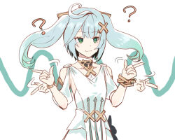 Rule 34 | ?, afterimage, bare shoulders, blue hair, closed mouth, collarbone, dress, faruzan (genshin impact), genshin impact, green eyes, hair ornament, hands up, kooan, long hair, puffy short sleeves, puffy sleeves, short sleeves, simple background, smile, twintails, white background, white dress, x hair ornament
