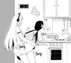 Rule 34 | 1futa, 1girl, :q, bent over, blush, cabinet, dishes, faucet, from side, futa with female, futanari, girls&#039; frontline, grabbing another&#039;s hair, greyscale, headgear, huqu, indoors, ladle, licking lips, long hair, low twintails, m4 sopmod ii (girls&#039; frontline), monochrome, multicolored hair, open mouth, oven, panties, panty pull, ro635 (girls&#039; frontline), sex, sex from behind, sex toy, shirt, short sleeves, sink, standing, standing sex, streaked hair, timestamp, tongue, tongue out, torogao, twintails, underwear, yuri