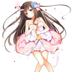 Rule 34 | 1girl, blue eyes, branch, breasts, cleavage, dress, emma beauty, floating hair, flower, hair flower, hair ornament, holding, long hair, looking at viewer, official art, petals, single thighhigh, smile, solo, strapless, strapless dress, thighhighs, transparent background, uchi no hime-sama ga ichiban kawaii, wind, wind lift