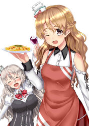 Rule 34 | 2girls, ;d, ^ ^, absurdres, apron, bare shoulders, blonde hair, braid, breasts, brown eyes, closed eyes, cup, drinking glass, drunk, facing viewer, food, french braid, grey hair, hair between eyes, hat, highres, himura moritaka, holding, holding cup, holding plate, kantai collection, large breasts, long hair, looking at viewer, mini hat, multiple girls, one eye closed, open mouth, pasta, plate, pola (kancolle), red apron, red skirt, saliva, shirt, simple background, skirt, smile, spaghetti, wavy hair, white background, white shirt, wine glass, zara (kancolle)