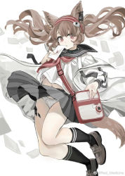 Rule 34 | 1girl, alternate costume, angelina (arknights), animal ears, arknights, bag, black collar, black skirt, black socks, blouse, brown footwear, brown hair, clothes lift, collar, earpiece, envelope, floating clothes, fox ears, fox girl, fox tail, full body, highres, holding, holding envelope, infection monitor (arknights), long hair, looking at viewer, material growth, midriff peek, neckerchief, oripathy lesion (arknights), panties, pantyshot, pleated skirt, red eyes, red hair, red medicine, red neckerchief, school uniform, shirt, shoes, shoulder bag, skirt, skirt lift, socks, solo, tail, twintails, twitter username, underwear, white background, white panties, white shirt