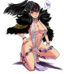 Rule 34 | 1girl, barefoot, black hair, blush, bracelet, breasts, cleavage, hand on own hip, heart, huge breasts, jewelry, kneeling, lots of jewelry, navel, no panties, on one knee, open mouth, purple eyes, revealing clothes, sangokushi taisen, see-through, shoohee, simple background, solo, spoken heart, white background