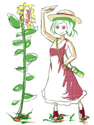 Rule 34 | 1girl, arm at side, arm up, commentary request, dress, flower, full body, green hair, hat, kazami yuuka, leaf, peroponesosu., plaid, plaid dress, red dress, red footwear, short hair, simple background, sleeveless, sleeveless dress, solo, standing, strap, sun hat, sunflower, sunlight, touhou, white background