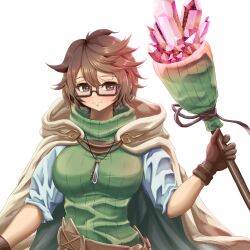 Rule 34 | 1girl, aussa (yu-gi-oh!), aussa the earth channeler, belt, breasts, brown-framed eyewear, brown belt, brown eyes, brown gloves, brown hair, brown robe, closed mouth, commentary request, cowboy shot, duel monster, glasses, gloves, green sweater, hair between eyes, holding, holding staff, hood, hood down, hooded robe, jewelry, large breasts, light blush, looking at viewer, necklace, okuratora, open clothes, open robe, rectangular eyewear, ribbed sweater, robe, short hair, sidelocks, simple background, smile, solo, staff, standing, sweater, turtleneck, turtleneck sweater, vial, white background, yu-gi-oh!