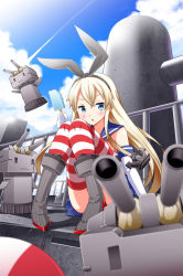 Rule 34 | 10s, 1girl, :3, anchor hair ornament, bad id, bad pixiv id, blonde hair, blue eyes, elbow gloves, food, gloves, hair ornament, hair ribbon, innertube, kantai collection, long hair, looking at viewer, machinery, open mouth, popsicle, rensouhou-chan, ribbon, shimakaze (kancolle), sitting, solo, striped clothes, striped thighhighs, swim ring, takahashi yuuki, thighhighs, turret