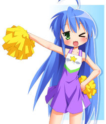 Rule 34 | &gt; o, 00s, 1girl, ahoge, armpits, bare shoulders, blue hair, cheerleader, collarbone, green eyes, hand on own hip, izumi konata, long hair, looking at viewer, lucky star, mole, mole under eye, one eye closed, open mouth, pom pom (cheerleading), pu-en, smile, solo, standing, standing on one leg, star (symbol), very long hair, wink