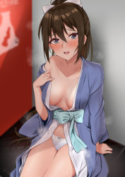 Rule 34 | 1girl, :d, absurdres, blue eyes, blue robe, blush, bow, breasts, brown hair, clothes pull, collarbone, hair between eyes, hair bow, heavy breathing, highres, kitaku (nakamachi machi), long hair, looking at viewer, love live!, love live! nijigasaki high school idol club, medium breasts, navel, no bra, off shoulder, onsen, open clothes, open mouth, osaka shizuku, panties, pulling own clothes, robe, sitting, smile, solo, sweat, underwear, white panties