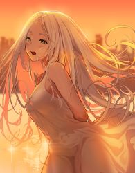Rule 34 | 1girl, arhat (destiny child), arms behind back, bare shoulders, blurry, blurry background, blush, breasts, colored eyelashes, destiny child, dress, flowing dress (dq), green eyes, highres, long hair, looking at viewer, medium breasts, open mouth, orange theme, smile, solo, sunset, very long hair, white dress, white hair, zig90
