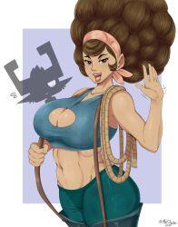 Rule 34 | 2girls, :d, abs, absurdres, afro, bandana, bare shoulders, blue shirt, border, breasts, brown eyes, brown hair, brown lips, cleavage, cleavage cutout, clothing cutout, collarbone, crop top, eyelashes, flying sweatdrops, green pants, groin, highres, iza (zelda), large breasts, lips, looking at another, looking at viewer, makeup, mehdrawings, midna, multiple girls, navel, nintendo, nose, nostrils, open hand, open mouth, pants, purple background, rope, shirt, sleeveless, sleeveless shirt, smile, solo, suspenders, suspenders pull, teeth, the legend of zelda, the legend of zelda: twilight princess, thick eyebrows, tongue, upper teeth only, waving, white border