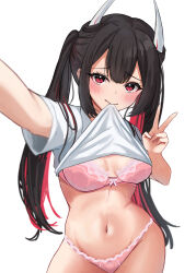 Rule 34 | 1girl, absurdres, alternate costume, azur lane, black hair, bra, clothes lift, commentary request, cow, hatsuzuki (azur lane), highres, horns, lace, lace-trimmed bra, lace trim, long hair, midriff, mouth hold, outstretched hand, panties, pink panties, red eyes, red hair, selfie, shirt lift, soul (dp11), taking picture, twintails, underwear, v, white background