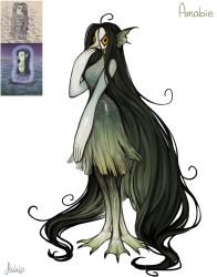 Rule 34 | 1girl, absurdly long hair, absurdres, ahoge, amabie, artist name, artist request, beak, big hair, black eyes, character name, colored sclera, colored skin, commentary, derivative work, dress, english commentary, extra legs, fins, full body, green hair, green skin, hand to own mouth, head fins, highres, japanese mythology, long hair, looking at viewer, matilda fiship, matthew meyer, monster girl, pale skin, parted bangs, reference work, scales, shiny skin, short dress, signature, simple background, sleeveless, sleeveless dress, solo, standing, tachi-e, traditional youkai, very long hair, watermark, web address, webbed feet, white background, yellow sclera