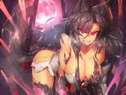 Rule 34 | 1girl, all fours, angry, animal ears, ass, bare shoulders, black hair, breasts, brooch, cleavage, clenched teeth, full moon, fur, hanging breasts, heavy breathing, highres, imaizumi kagerou, jewelry, large breasts, long hair, looking at viewer, melon22, moon, red eyes, red moon, solo, tail, teeth, torn clothes, touhou, transformation, tsurime, wolf ears, wolf tail