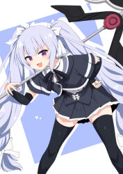 Rule 34 | 1girl, :3, :d, assault lily, black ribbon, black skirt, black thighhighs, blue background, blunt bangs, blush, bow, buttons, commentary request, cropped jacket, detached sleeves, fang, feet out of frame, frilled shirt collar, frills, fumutarou, grey hair, hair bow, hand on own hip, hand up, heart, highres, holding, holding weapon, leaning forward, long hair, long sleeves, looking at viewer, miniskirt, miriam hildegard von gropius, neck ribbon, open mouth, over shoulder, pleated skirt, polearm, purple eyes, ribbon, school uniform, shirt, short sleeves, skirt, sleeve bow, smile, solo, standing, suspenders, thighhighs, twintails, two-tone background, underbust, very long hair, weapon, weapon over shoulder, white background, white shirt, yurigaoka girls academy school uniform, zettai ryouiki